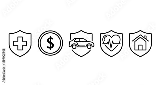 Line art icons depicting various types of insurance: health, financial, auto, life, and home, all enclosed within shield shapes.