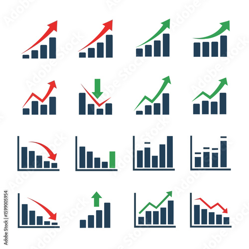Sixteen variations of bar graphs and line charts showing trends, including upward, downward, and fluctuating movements, in red and green colors.