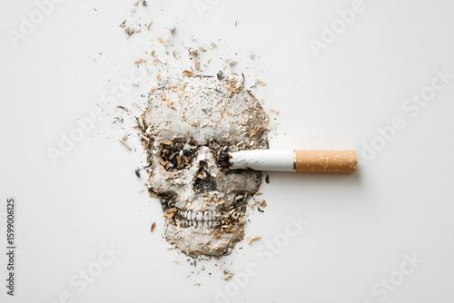 A broken cigarette lying on a clean white background, crushed with ashes forming a skull shape, symbolizing the dangers of smoking, high contrast, minimal design, anti-smoking message