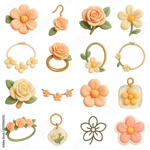 Floral 3d icon set. featuring rose, daisy, bracelet, earrings, pendant, ring, wreath, and more.