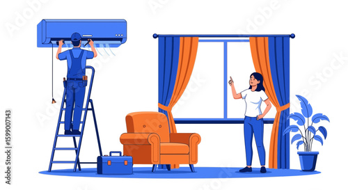 A technician on a ladder repairs an air conditioner while a woman stands nearby with a remote control in a cozy living room setting.