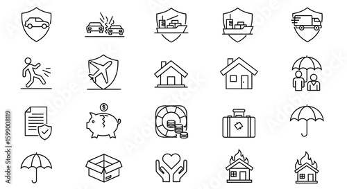 A collection of twenty line art icons representing various types of insurance, including car, accident, travel, home, life, and property coverage.