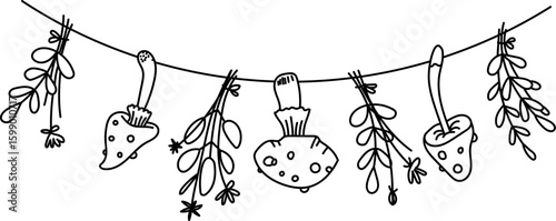 Mushrooms and Herbs Garland Doodle Border