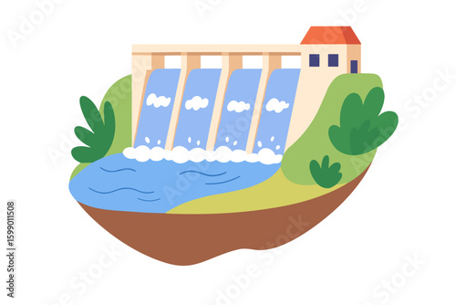 Hydroelectric dam with water flow, vector illustration in blue and green colors, renewable energy and sustainable power concept