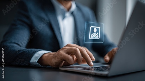 Businessman using laptop with digital user icon