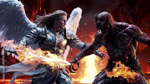 A fierce confrontation unfolds between a celestial warrior wielding a glowing sword and a menacing dark creature surrounded by lava and smoke in a hellish landscape