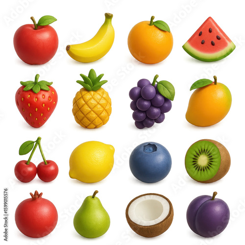 Fruits 3d icon set. featuring apple, banana, orange, watermelon, strawberry, pineapple, grape, mango, and more.