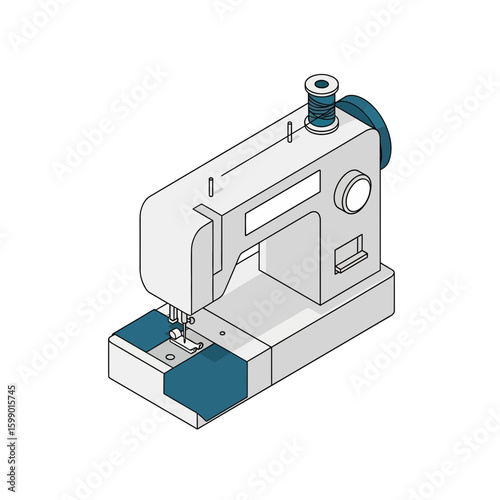 Isometric illustration of a sewing machine, showing its various components in a simplified, graphic style.