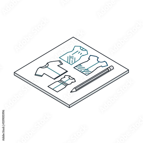 Isometric view of a design sheet with dress sketches and a pencil, suggesting fashion design or illustration.