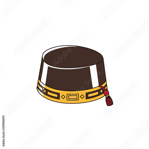 A stylized illustration of a dark brown fez hat with decorative gold trim and a red tassel.