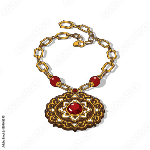 An ornate gold necklace with a large decorative pendant and red gemstone accents.