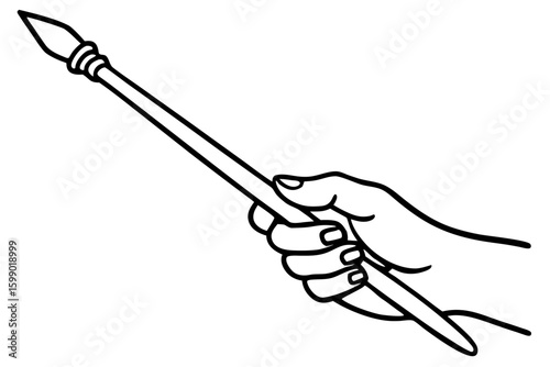 Isolated white vector illustration of a hand holding a sharp metal sword and a hand holding a shovel tool