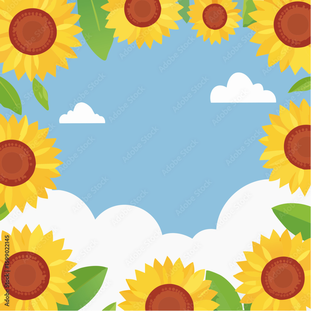 Fototapeta premium 夏の向日葵と青空の爽やかフレーム