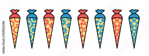 school cones set for firtst day of school in germany, zuckertute colorful vector design elements