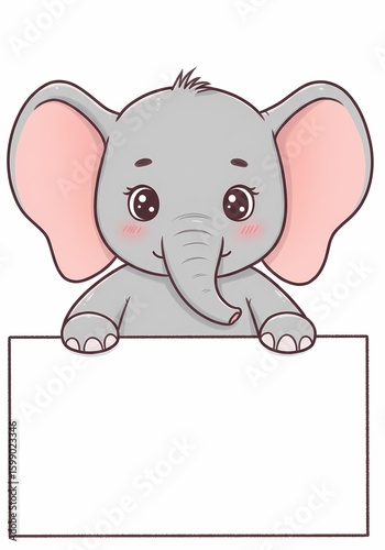 Cute baby elephant cartoon character peeking over a blank white sign. Adorable animal illustration with copy space for text, isolated on a white background.