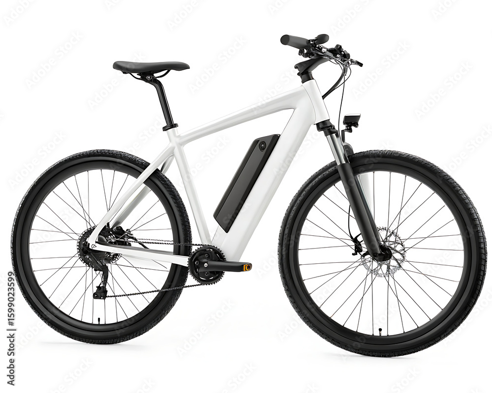 Obraz premium A white electric bicycle with black tires and a black battery pack isolated on a white background