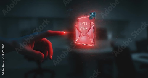 Glowing pulsating red cyber attack icon with hand touching alert on dark digital background