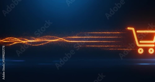 Futuristic digital animation of glowing orange shopping cart icon moving swiftly with light particle trail