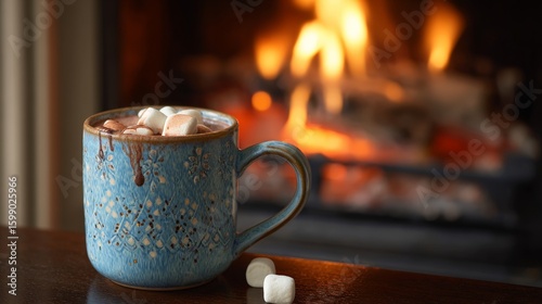 Cozy fireplace moment with hot chocolate in blue mug and marshmallows