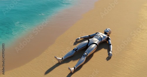 Slow dolly in toward robot lying peacefully on beach as gentle wave roll in and sun set