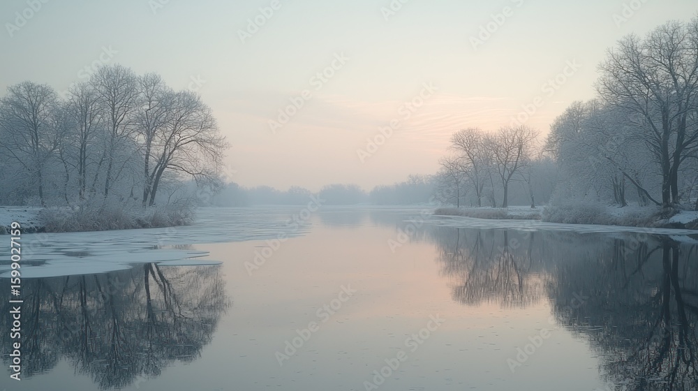 Fototapeta premium Serene Winter Landscape: Frozen River Reflecting Snow-Covered Trees at Dawn