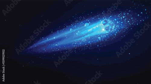 Blue abstract digital artwork of a comet traveling through the dark cosmic space.