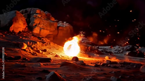Fiery glowing ball rolling across rocky surface in dark environment  
