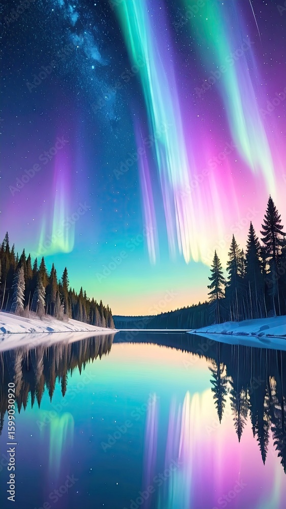 Fototapeta premium Spectacular Night Sky Aurora Borealis Reflected In Calm Mirror Lake Surrounded By Evergreen Forest Landscape