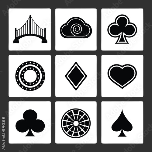 Collection of eight black and white graphic icons including card suits symbol