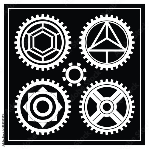 White geometric gears and symbols on black background vector art cogwheel mechanism
