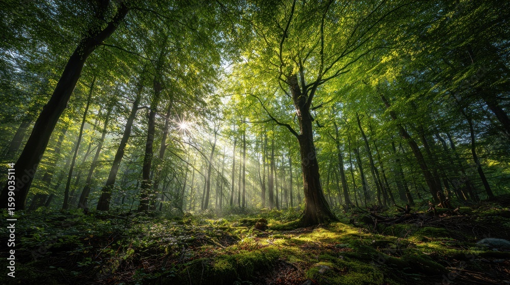 Fototapeta premium Enchanted Forest: Sunbeams Dance Through Lush Green Canopy