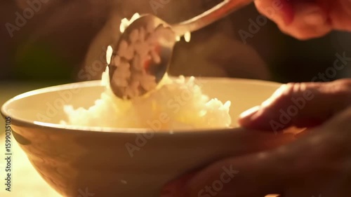 Person eating a bowl of hot rice with a spoon, close up view.