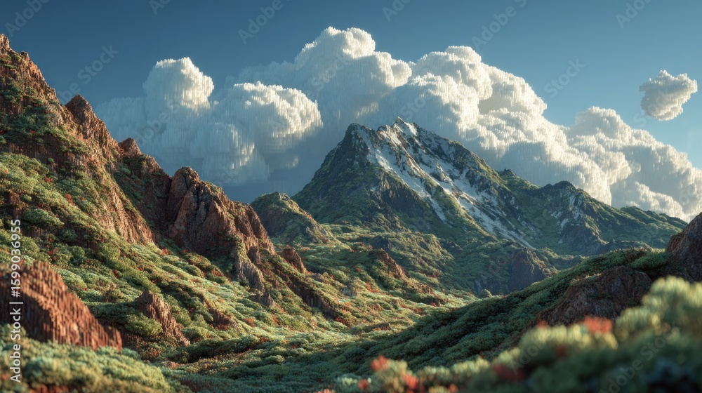Obraz premium A vibrant mountain range under a serene cloudy sky, evoking a sense of peace