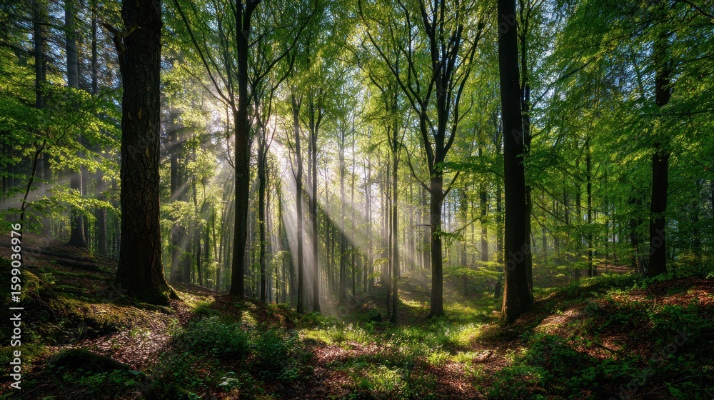 Obraz premium Sunbeams Dancing Through the Emerald Canopy: A Serene Forest Escape