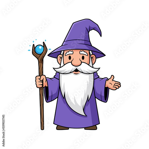 Cartoon wizard with a long white beard, wearing a purple robe and hat, holding a magical staff with a glowing orb.