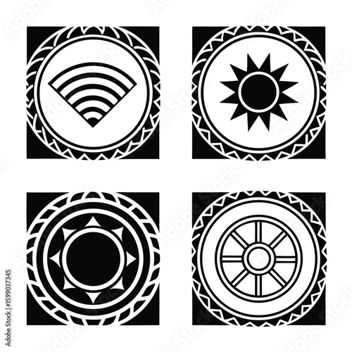 Four black and white circular abstract graphic symbols with geometric patterns vector