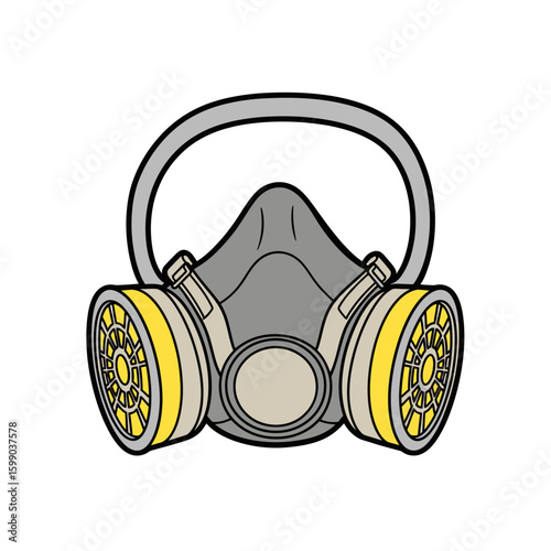 Illustration of a gray respirator mask with yellow filters and a gray head strap, isolated on a white background.