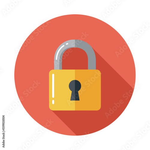A yellow padlock with a keyhole is centered on a red circular background, casting a long shadow.