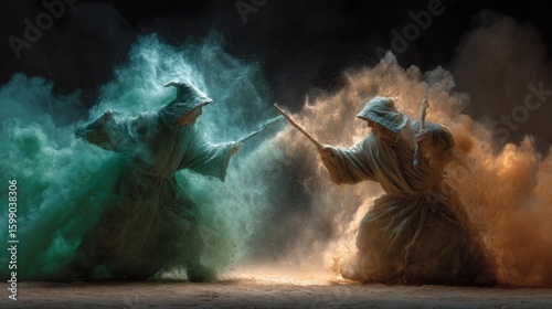 Mystic duel between wizards immersed in contrasting energy dust explosions