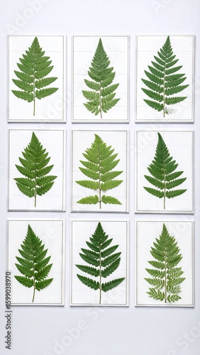 Arranged Pressed Fern Frond Imprints In Gridded Formation On White Background