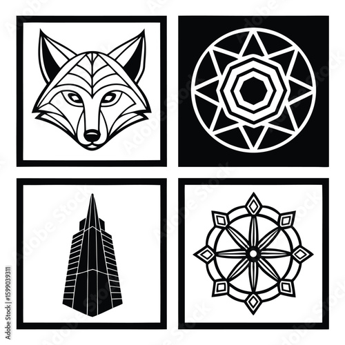 Geometric black and white icons of a fox head skyscraper and circular patterns animal