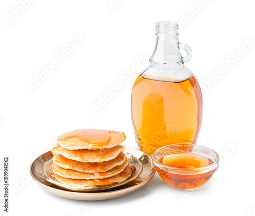 Plates of tasty pancakes wi...