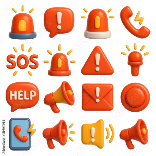 Emergency 3d icon set. featuring siren, alert, sos, phone, help, megaphone, email, notification, more.