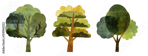 Vintage collage of three trees made from vintage paper cutouts, isolated on a white background, png, transparent