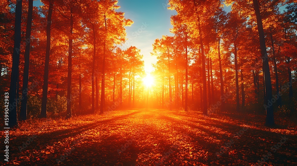 Obraz premium Autumn sunlight streams through a forest path.