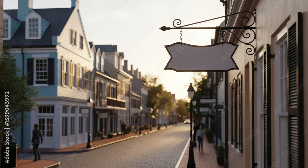 Fototapeta premium charming historic street with blank sign at sunset