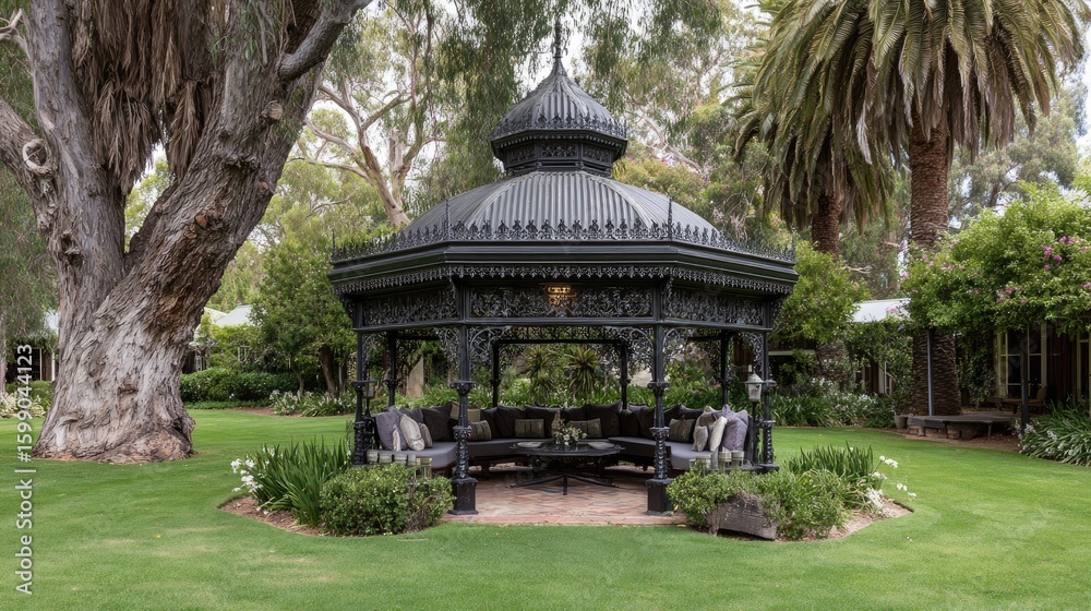 Fototapeta premium Ornate black gazebo in a lush garden