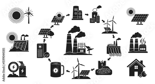 Vector Icons Set of A collection of black silhouette icons representing various energy sources and industrial power generation concepts. EPS Editable