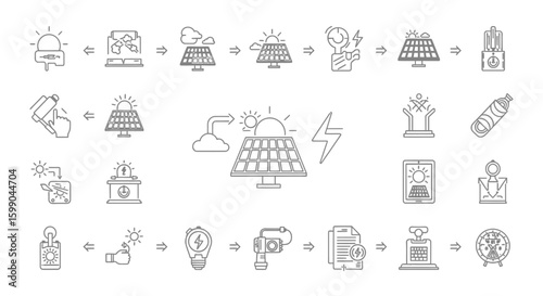 Vector Icons Set of A collection of black line art icons illustrating the solar energy process from panels and sun to electricity technology and power consumption. EPS Editable