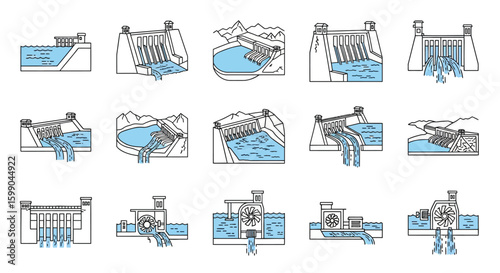 Vector Icons Set of A collection of hydroelectric power plant icons showing various dam designs water reservoirs and turbines in a clean minimalist line art style with blue accents. EPS Editable